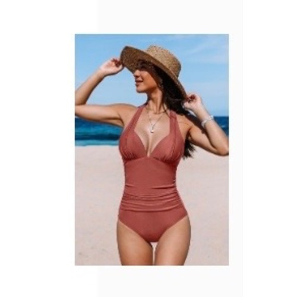Flattering Ruched Halter One Piece Swimsuit Rose Coral Deep V Neck Tummy Control